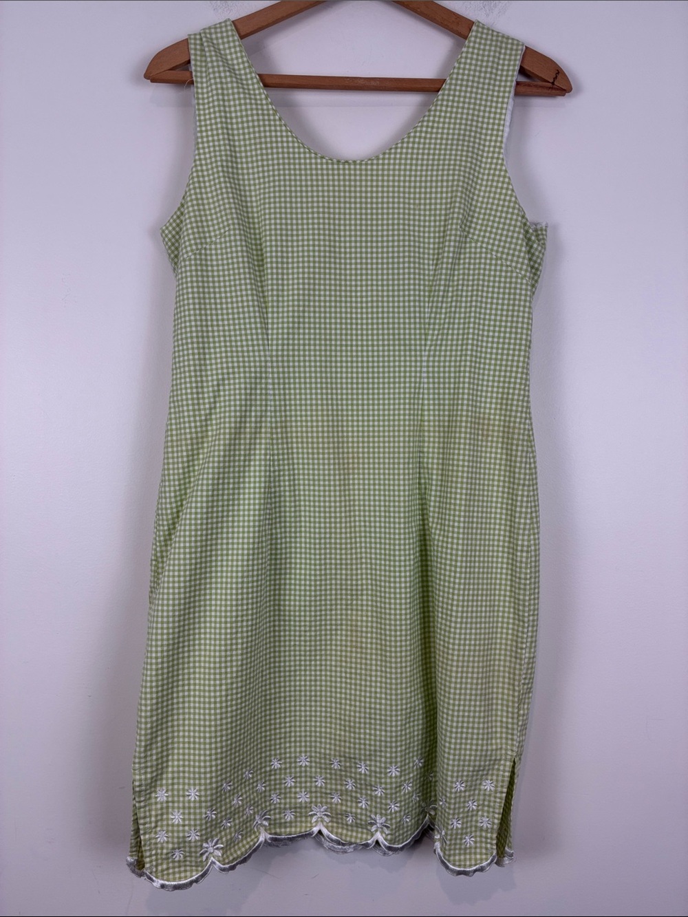 90s Amanda Smith Women’s 6 Green Gingham Dress Scalloped Floral Trim Sleeveless
